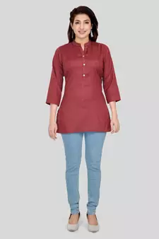 Maroon woven cotton silk short-kurtis