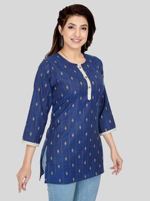 Blue woven cotton silk short-kurtis 4