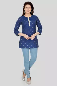 Blue woven cotton silk short-kurtis