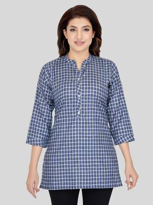 Blue woven cotton silk short-kurtis 1
