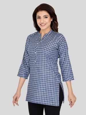 Blue woven cotton silk short-kurtis 3