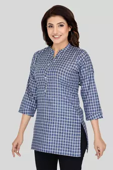 Blue woven cotton silk short-kurtis