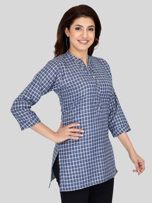 Blue woven cotton silk short-kurtis 4
