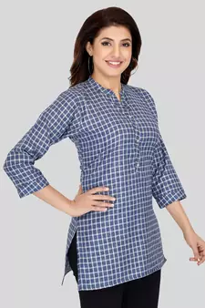 Blue woven cotton silk short-kurtis