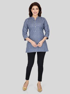 Blue woven cotton silk short-kurtis 5