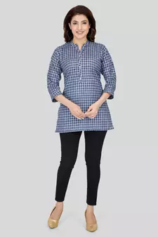 Blue woven cotton silk short-kurtis