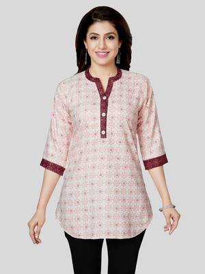 Cream printed cotton poly short-kurtis 1