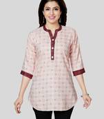 Cream printed cotton poly short-kurtis