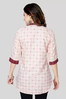 Cream printed cotton poly short-kurtis