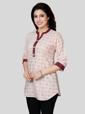 Cream printed cotton poly short-kurtis 3