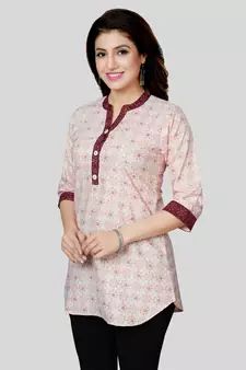 Cream printed cotton poly short-kurtis
