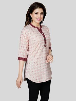 Cream printed cotton poly short-kurtis 4