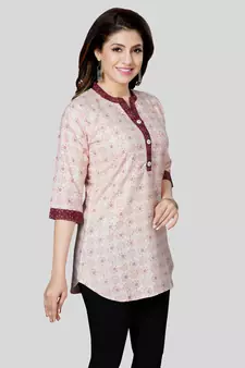 Cream printed cotton poly short-kurtis