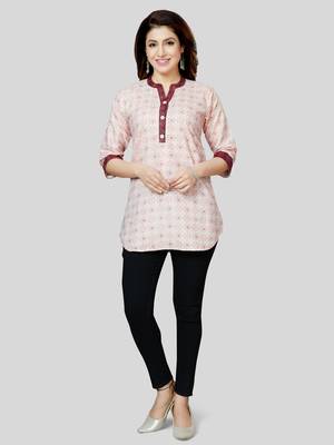 Cream printed cotton poly short-kurtis 5