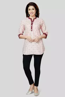 Cream printed cotton poly short-kurtis