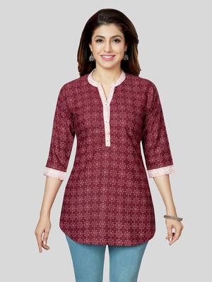 Maroon printed cotton poly short-kurtis 1