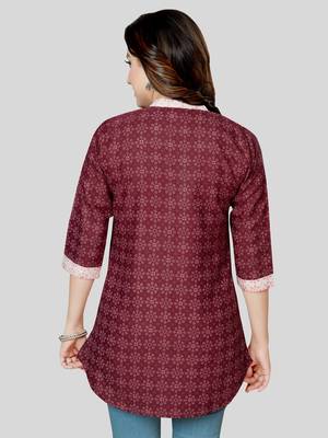 Maroon printed cotton poly short-kurtis 2