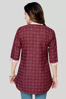 Maroon printed cotton poly short-kurtis