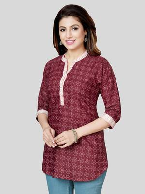 Maroon printed cotton poly short-kurtis 3