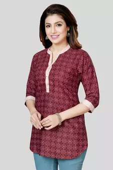 Maroon printed cotton poly short-kurtis