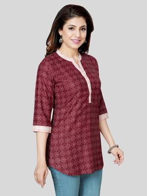 Maroon printed cotton poly short-kurtis 4