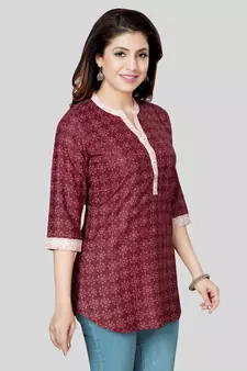 Maroon printed cotton poly short-kurtis