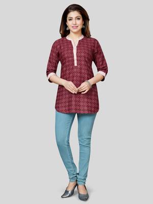 Maroon printed cotton poly short-kurtis 5