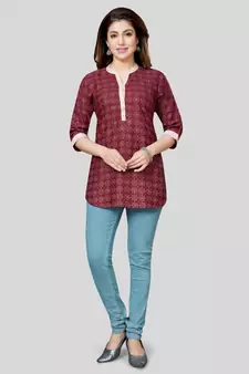 Maroon printed cotton poly short-kurtis