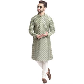 Treemoda Green printed brocade silk men-kurtas 5