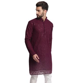 Maroon embroidered georgette men-kurtas 4