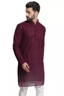 Maroon embroidered georgette men-kurtas