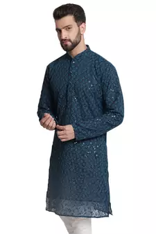 Blue embroidered georgette men-kurtas