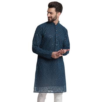 Treemoda Blue embroidered georgette men-kurtas 4