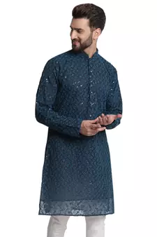 Blue embroidered georgette men-kurtas