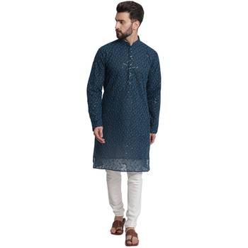 Treemoda Blue embroidered georgette men-kurtas 5