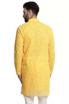 Yellow embroidered georgette men-kurtas