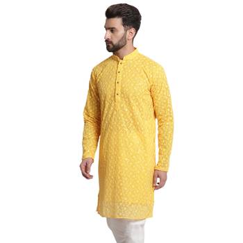 Yellow embroidered georgette men-kurtas 3