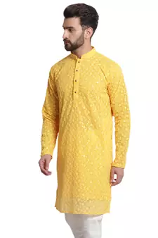 Yellow embroidered georgette men-kurtas