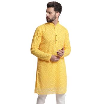 Yellow embroidered georgette men-kurtas 4
