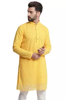 Yellow embroidered georgette men-kurtas