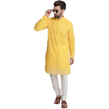 Yellow embroidered georgette men-kurtas 5