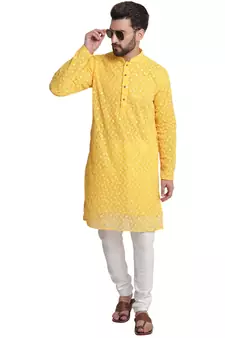 Yellow embroidered georgette men-kurtas