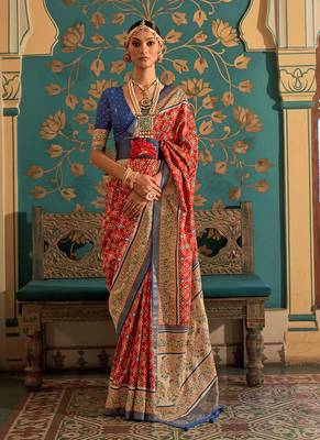 Beautifully Crafted Heavy Woven Designer Saree With Swarovski Work On Red Colour Patola Silk 1