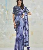 Shibori Print Lace Work Embroidered Work Ethnic purple Colour Saree On Satin Silk Crepe