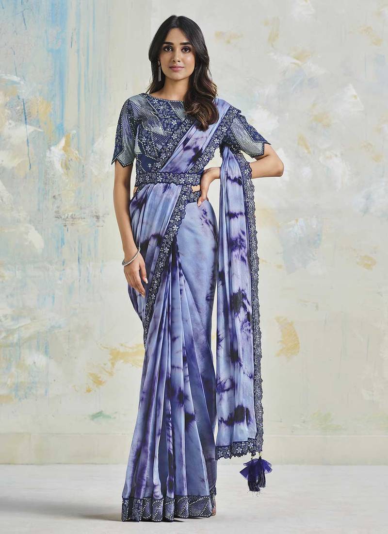 Shibori Print Lace Work Embroidered Work Ethnic purple Colour Saree On Satin Silk Crepe