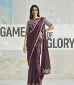 Floral and Striped Embroidered Blouse with Embroidered Saree Ethnic Wine Colour Saree On Satin Silk Crepe