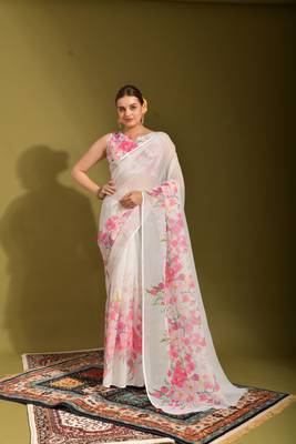 Ethnic White Colour Printed Linen Saree 1