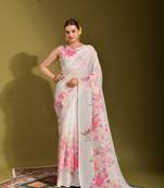 Elegant And Ethnic White Colour Premium Printed Linen Saree