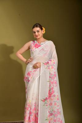 Ethnic White Colour Printed Linen Saree 2
