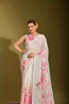 Ethnic White Colour Printed Linen Saree